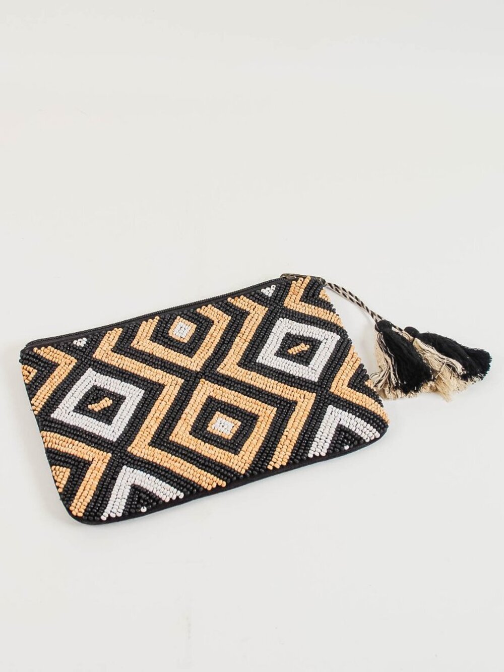 Merona Beaded Clutch Pouch Geometric Tribal Tassel Zip Cosmetic Bag
